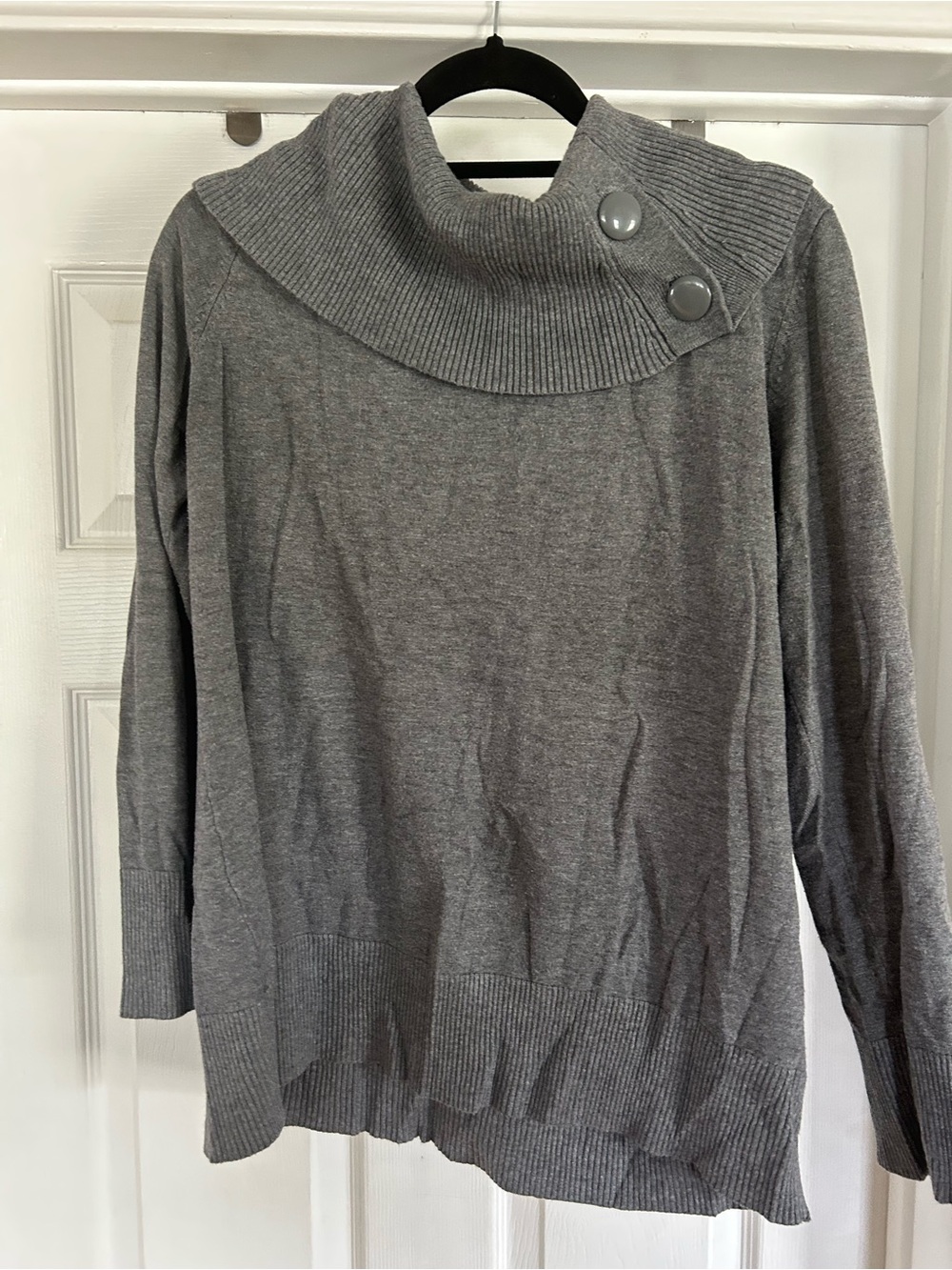 Dalia Gray Ribbed Funnel Collar Sweater with Button Detail